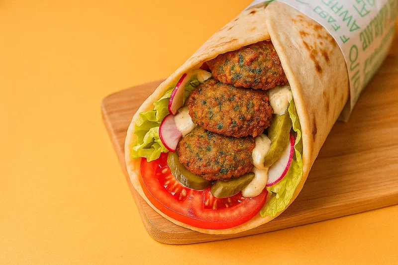 Falafel wrap vegan — falafels, tomates, radis, pickles, laitue, sauce sezam maison